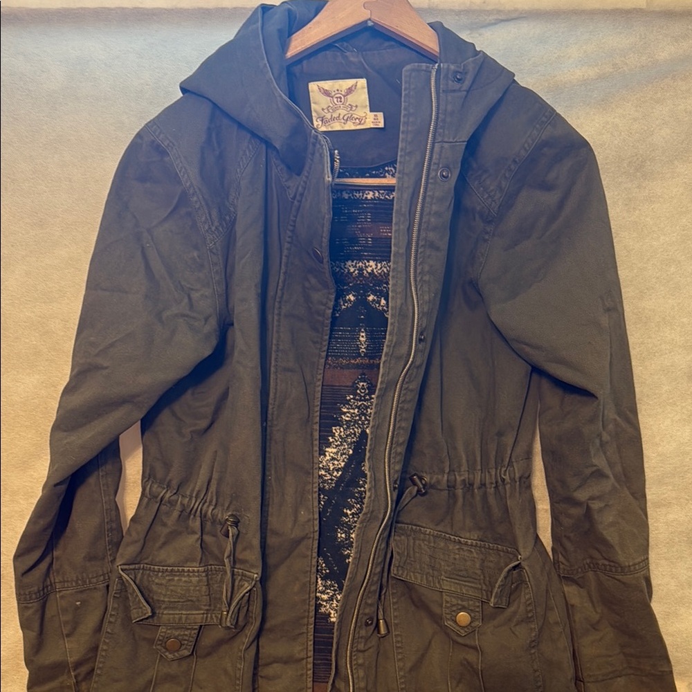Faded Glory Green Utility Jacket Hooded Drawstring